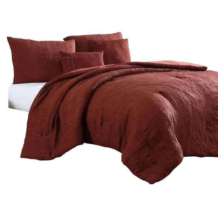 Benjara Alice 5- Piece Red Textured Microfiber Queen Comforter Set