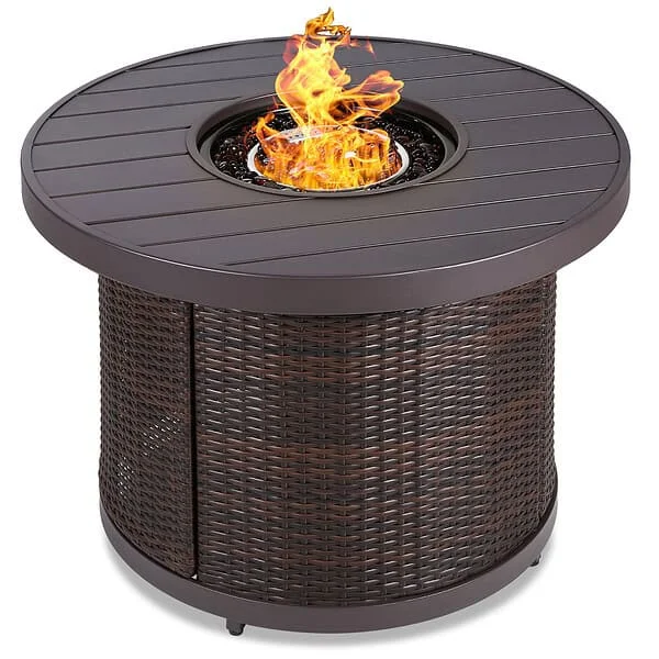 Best Choice Products 32in Round Gas Fire Pit Table, 50,000 BTU Outdoor Wicker Patio Propane Firepit w/ Cover – Brown