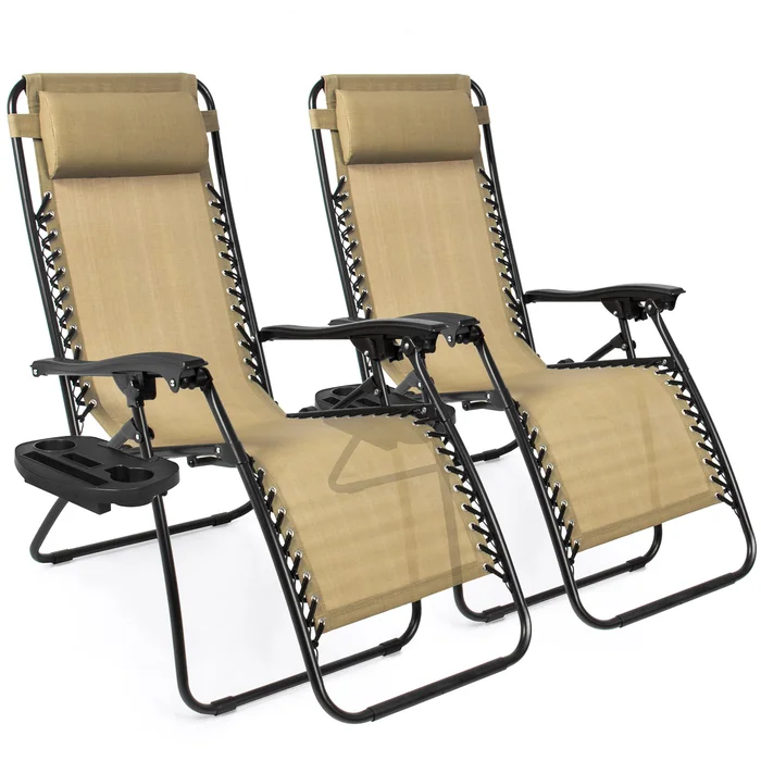 Best Choice Products Set of 2 Zero Gravity Lounge Chair Recliners for Patio, Pool w/ Cup Holder Tray – Beige
