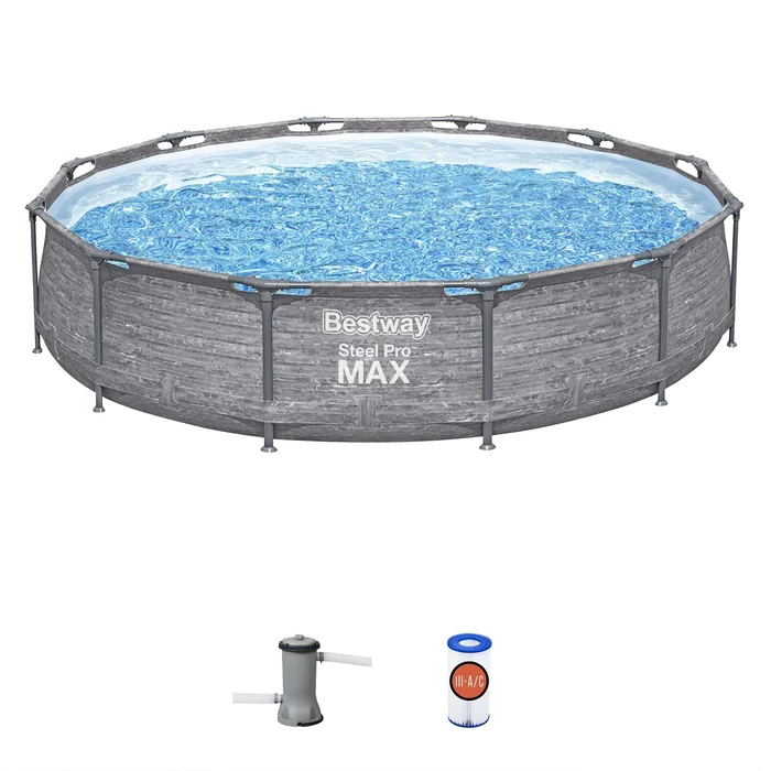 Bestway Steel Pro MAX 12′ x 30″ Round Above Ground Swimming Pool Set Outdoor Metal Frame Family Pool with Liner and Filter Pump, Gray