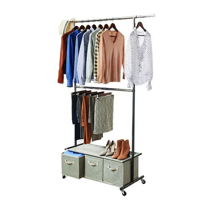 Better Homes & Gardens 2 Tier Garment Rack with 3 Drawer Closet Organizer, Gray