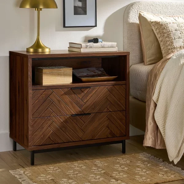 Better Homes & Gardens Wyatt Geo 2-Drawer Nightstand with USB, Walnut Finish
