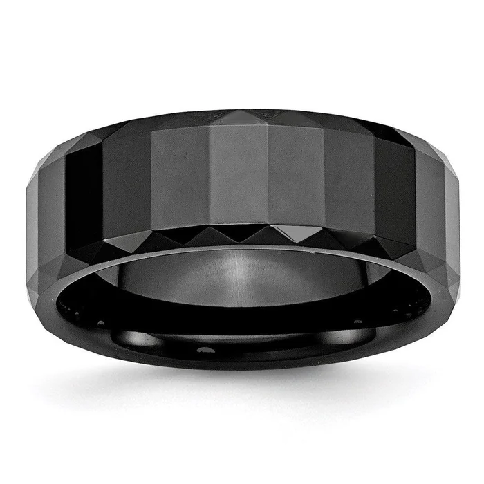 Ceramic Black Faceted 8mm Polished Beveled Edge Band