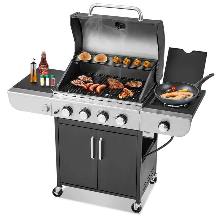 Cesicia AN016orange10 Outdoor BBQ 4 Burner Propane Grill Stainless Steel Gas Grill with Side Burner and Thermometer in Silver and Black