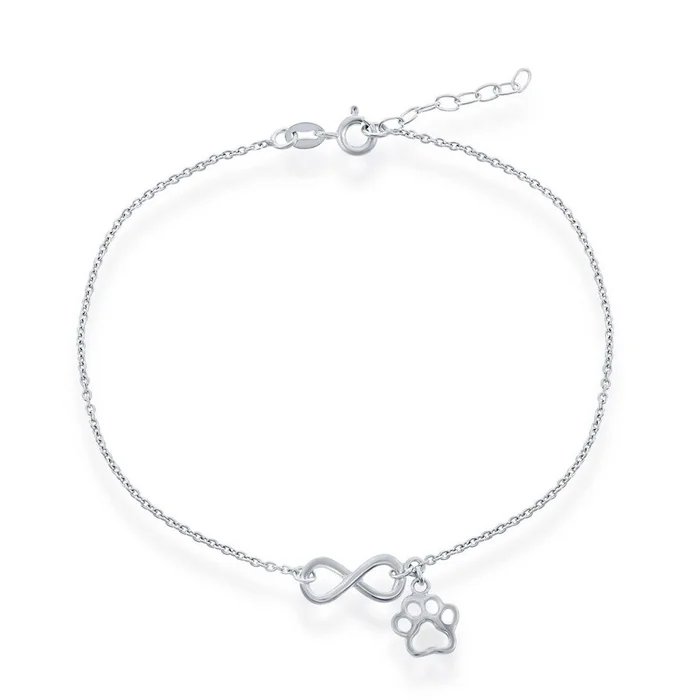 Classic Women’s Anklet – Sterling Silver Infinity with Paw Print Charm | R-9248