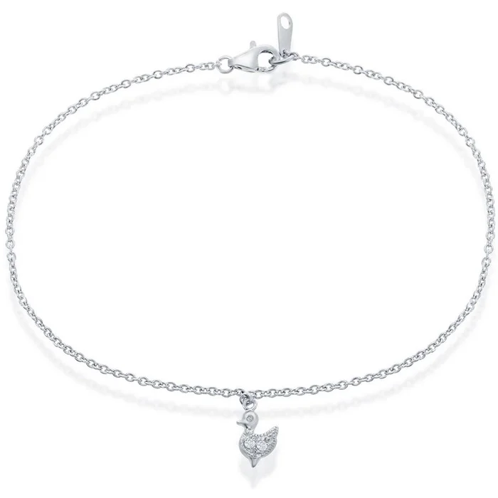 Classic Women’s Anklet – Sterling Silver with Hanging CZ Duck, 9 inch | R-9053-9