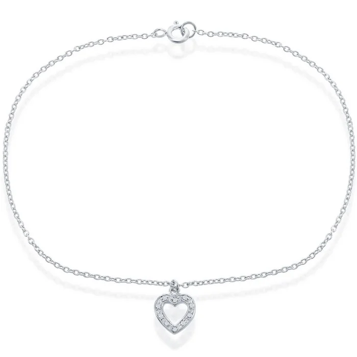 Classic Women’s Anklet – Sterling Silver with Hanging CZ Heart, 10 | inch R-9055-10