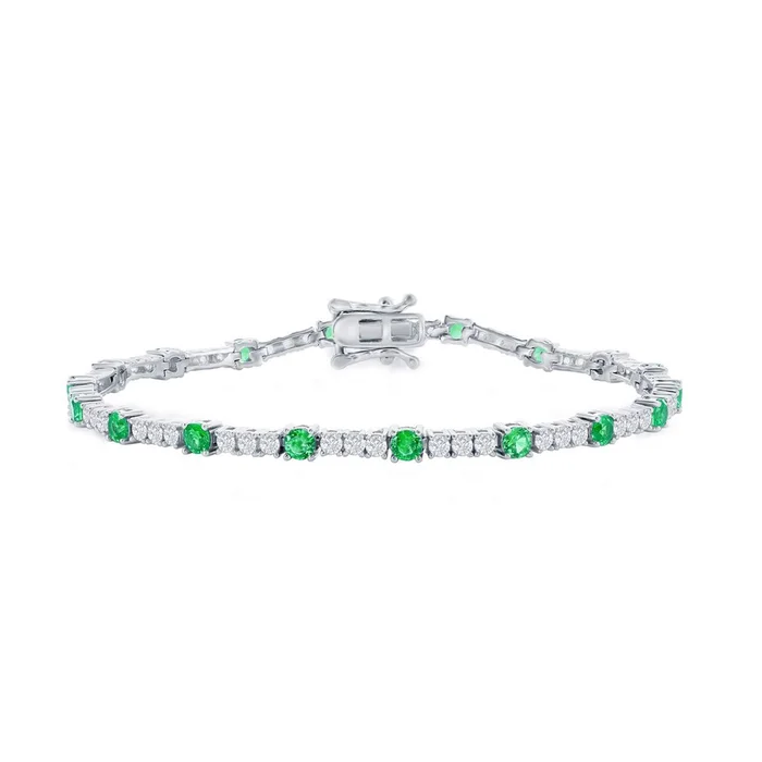 Classic Women’s Bracelet – Silver 3mm Green Emerald CZ and White CZ Tennis | T-8031