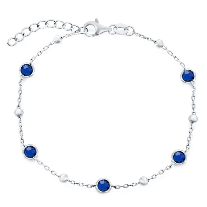Classic Women’s Bracelet – Sterling Silver Bezel-Set Sapphire CZ and Beads | T-8084