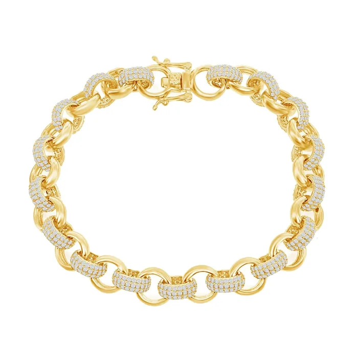 Classic Women’s Bracelet – Sterling Silver CZ and Polished Gold Linked | T-7868-GP