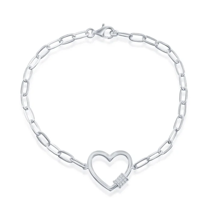 Classic Women’s Bracelet – Sterling Silver Heart with CZ Rod Paperclip Link | T-7965