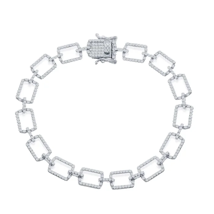 Classic Women’s Bracelet – Sterling Silver Paperclip Design Linked White CZ | T-7892