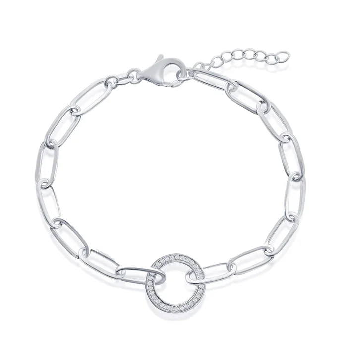 Classic Women’s Bracelet – Sterling Silver White CZ Circle Paperclip Link | T-7967