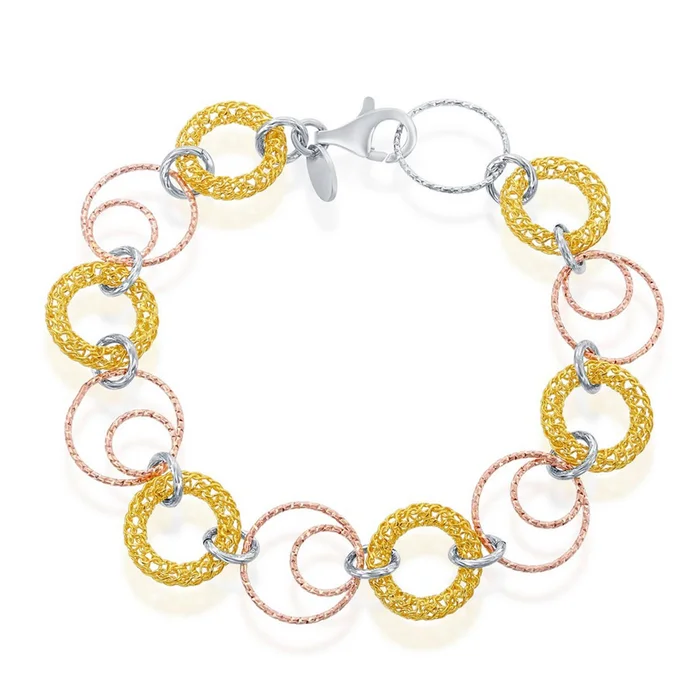 Classic Women’s Bracelet – Tri Color Sterling Silver Open Circles Link | S-4796