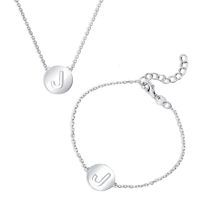 Classic Women’s Bracelet and Necklace Set – Cut-Out Shiny J Disc Initial | SET-509
