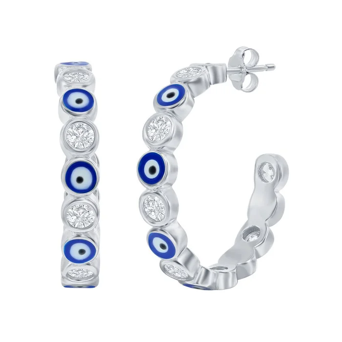Classic Women’s Earrings – Alternating CZ and Navy Blue Enamel Evil Eye Hoop | D-8352
