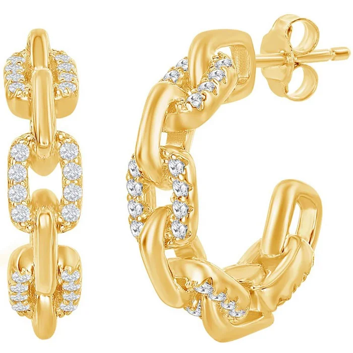 Classic Women’s Earrings – Gold Plated 18mm White CZ Paperclip Open Hoop | D-7832-GP
