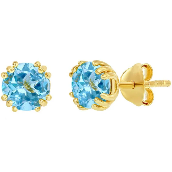 Classic Women’s Earrings – Gold Plated March Birthstone Round Shape 6mm Stud | D-8276
