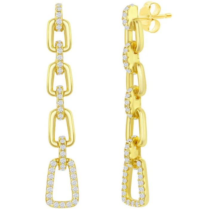Classic Women’s Earrings – Gold Plated Paperclip Design White CZ Long | D-7910-GP