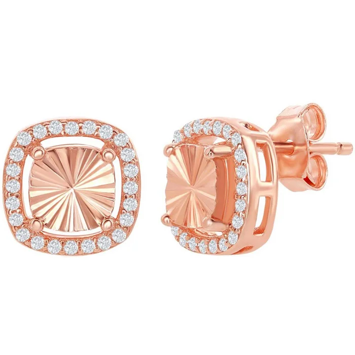 Classic Women’s Earrings – RG Illusion Cut Center with CZ Border Square Stud | D-6827