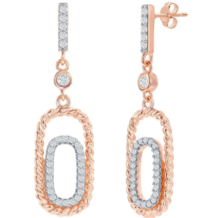 Classic Women’s Earrings – Rose Gold Plated Double Rectangle White CZ Stone | D-8154