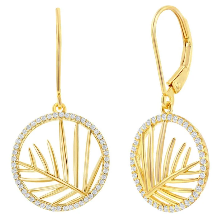 Classic Women’s Earrings – Round CZ Outline with Center Cut-Out Leaf | D-8409-GP