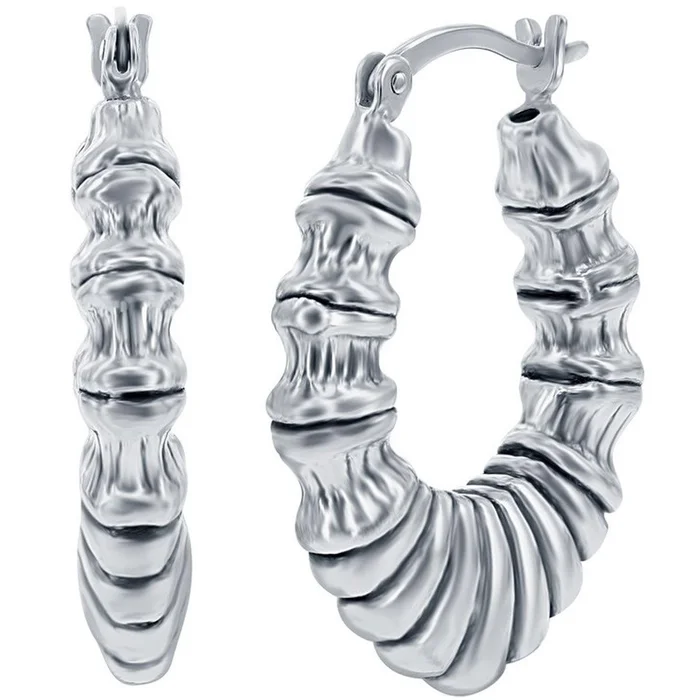 Classic Women’s Earrings – Silver Oxidized Textured Oval Hoop Hinged Closure | A-2681