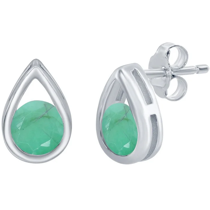 Classic Women’s Earrings – Silver Pearshaped with Round Emerald Gemstone Stud | D-8163