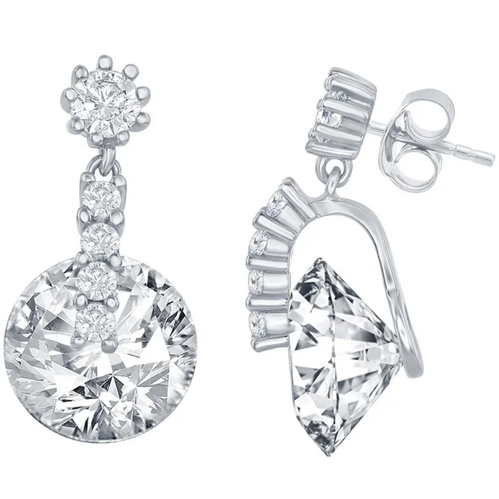 Classic Women’s Earrings – Silver Round Shape Spinning CZ Post Back Closure | D-7628