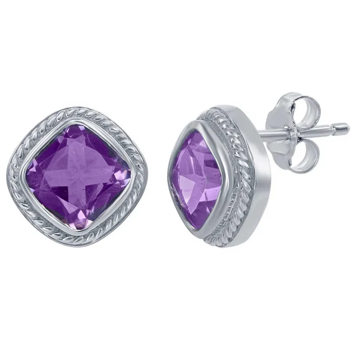 Classic Women’s Earrings – Sterling Amethyst Gemstone Small Square Designed | D-3929