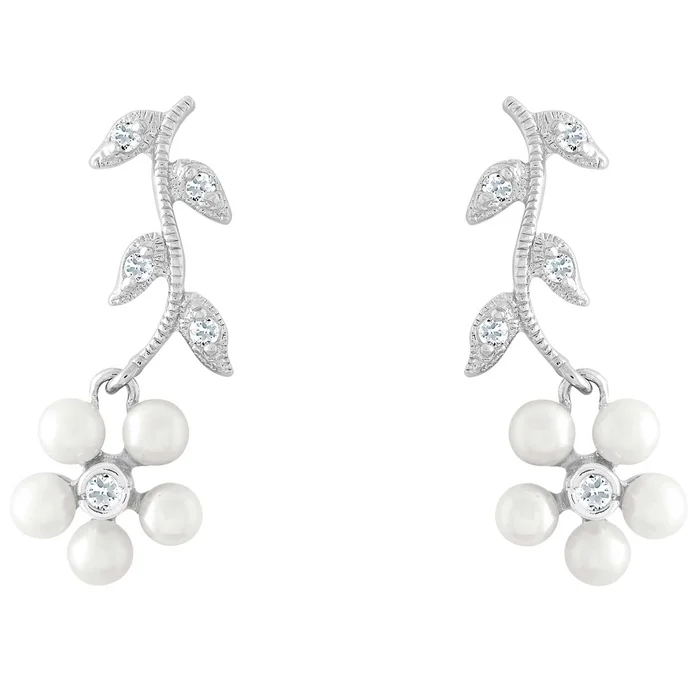 Classic Women’s Earrings – Sterling Pearl Flowers and Clear CZ Leaves | D-2268