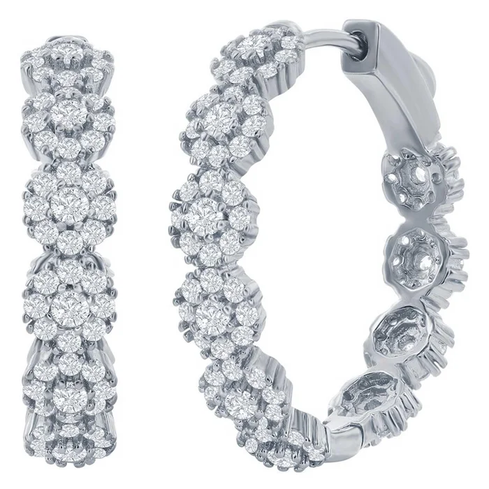 Classic Women’s Earrings – Sterling Silver 25mm CZ Flower Design Hoop | D-8272