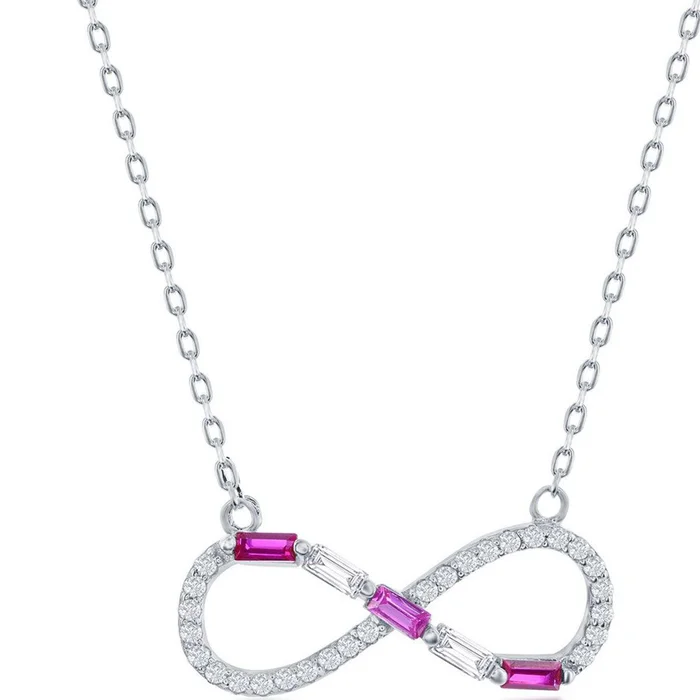 Classic Women’s Necklace – Sterling Round and Ruby Baguette CZ Infinity | M-6951