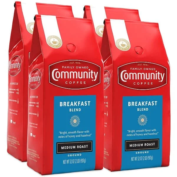 Community Coffee Breakfast Blend Ground Coffee, Medium Roast, 32 Ounce (Pack of 4)