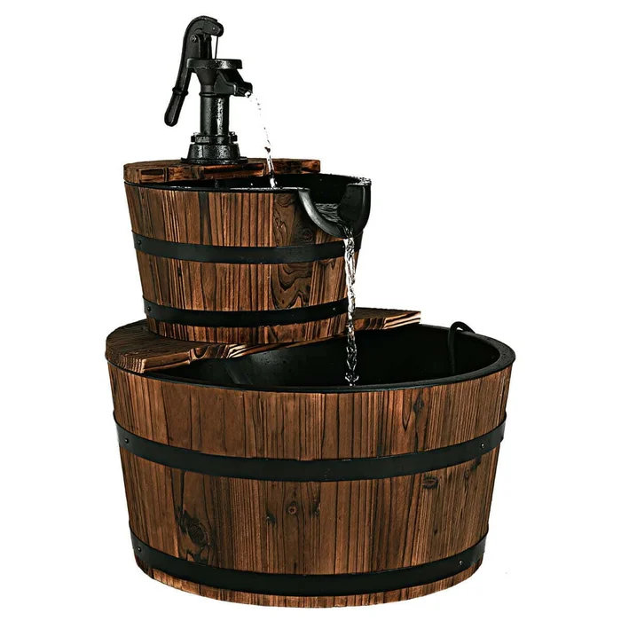 Costway 2 Tier Barrel Waterfall Fountain Barrel Wooden Water Fountain Pump Outdoor Garde