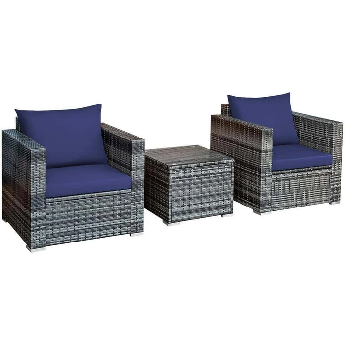 Costway 3-Piece Wicker Patio Rattan Furniture Outdoor Bistro Set with Navy Cushions Sofa Chair Table