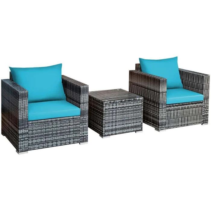 Costway 3-Piece Wicker Rectangular 16 in. Outdoor Bistro Set with Blue Cushions