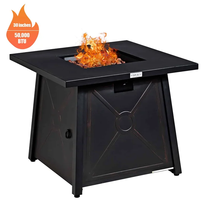 Costway 30” Square Propane Gas Fire Pit Table 50,000 BTU W/ Waterproof Cover Lava Rock