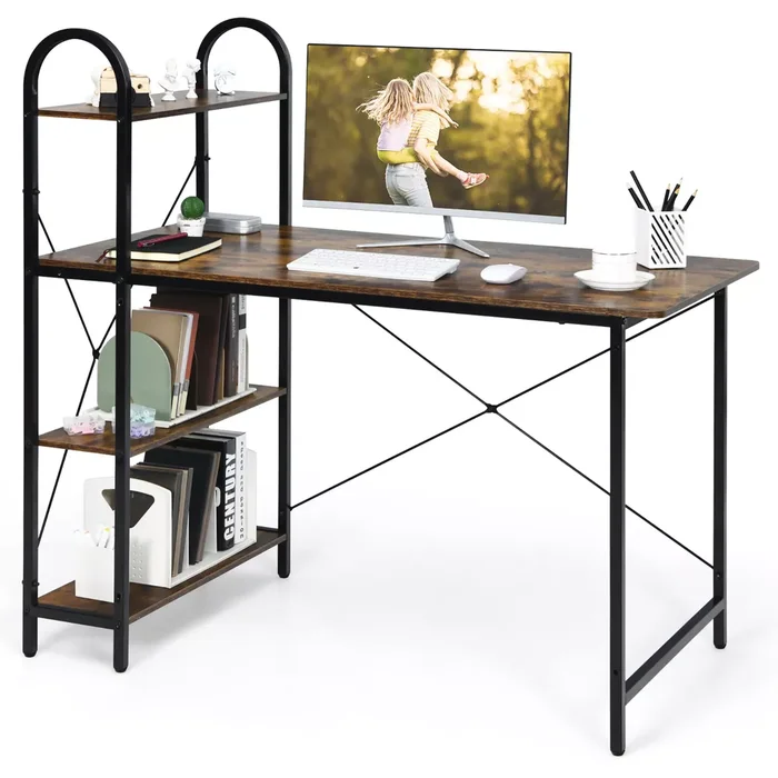 Costway 48” Reversible Computer Desk Writing Table Workstation w/ Storage Shelf BlackBrown – rustic brown