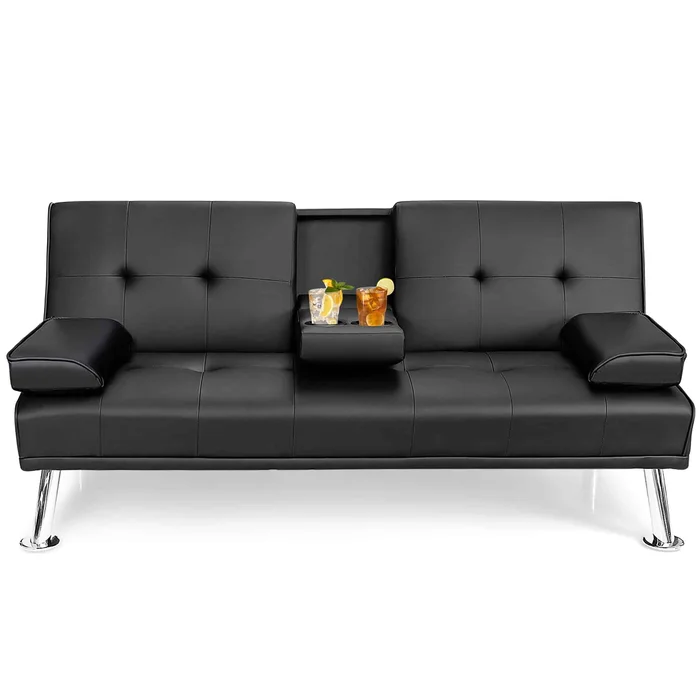 Costway Convertible Folding Futon Sofa Bed Leather w/Cup Holders&Armrests Black