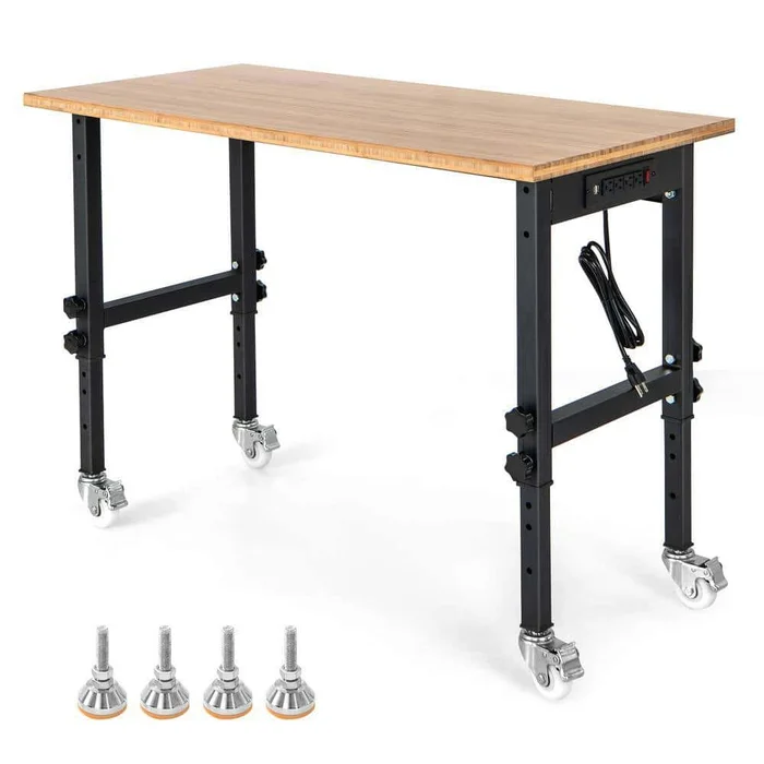 Costway HW66371NA 48 in. x 24 in. Adjustable Height Workbench Mobile Tool Bench Bamboo Top with Caster Nature