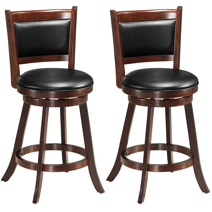 Costway Set of 2 24” Swivel Counter Stool Wooden Dining Chair Upholstered Seat Espresso Panel back