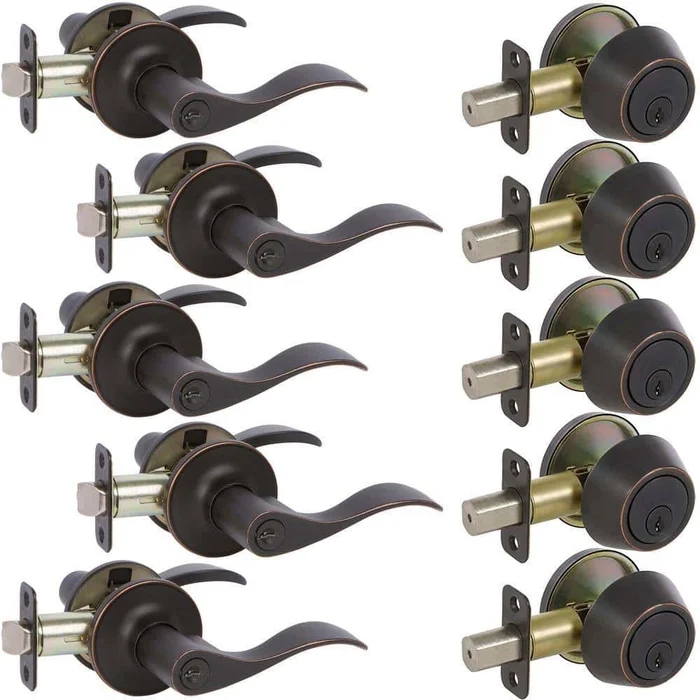 DELANEY HARDWARE KIT#BN3007R-PP 5-Bennett Edged Oil Rubbed Bronze Entry Door Handles and 5-Edged Oil Rubbed Bronze Sgl Cyl Deadbolts All Keyed Alike