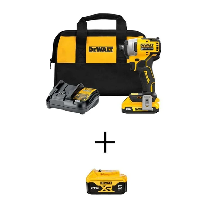 DEWALT DCF809D1WDCB205 ATOMIC 20V MAX Lithium-Ion Brushless Cordless Compact 1/4 in. Impact Driver with 2Ah and 5Ah Batteries, Charger and Bag