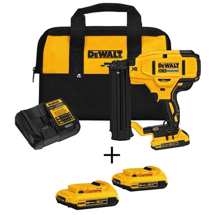 DEWALT DCN680D1DCB203 20V MAX XR Lithium-Ion 18-Gauge Cordless Brad Nailer Kit, (3) 2.0Ah Batteries, Charger, and Bag