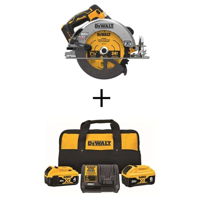 DEWALT DCS573BDCB246CK 20V MAX Cordless Brushless 7-1/4 in. Circular Saw, (1) 20V 6.0Ah and (1) 20V 4.0Ah Batteries, and Charger