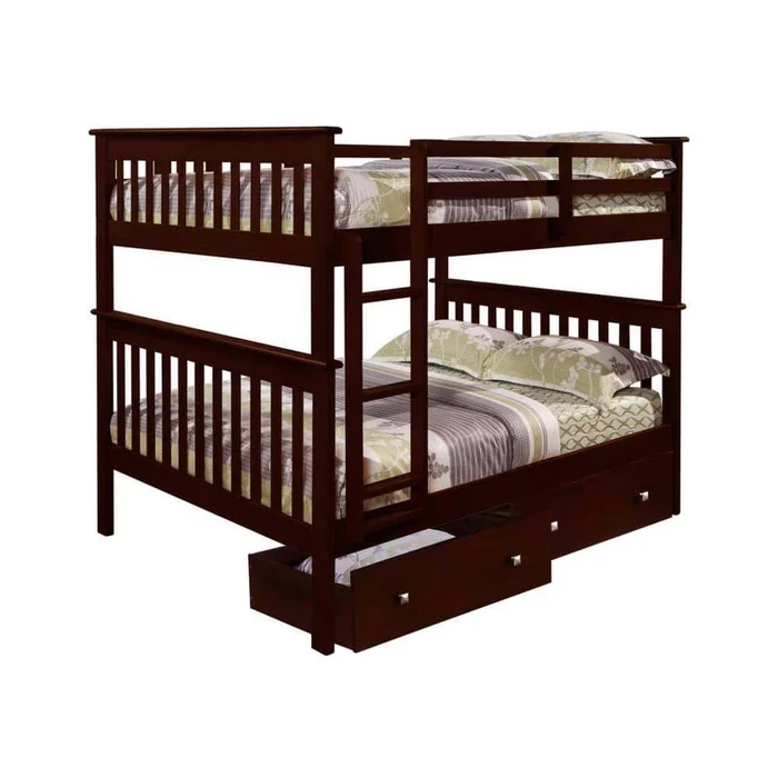 Donco Kids Brown Dark Cappuccino Full Over Full Mission Bunk Bed with Dual Under Bed Drawers