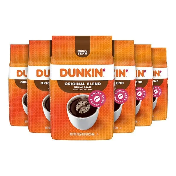 Dunkin’ Original Blend Medium Roast Whole Bean Coffee, 18 Ounces (Pack of 6)
