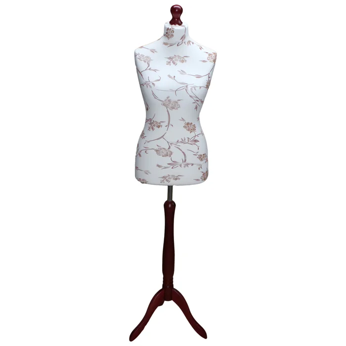 Female Dressmaking Tailors Dummies Mannequin Bust Size 12-14 On Red Wood Tripod With Brown Flowers On Cream Cover