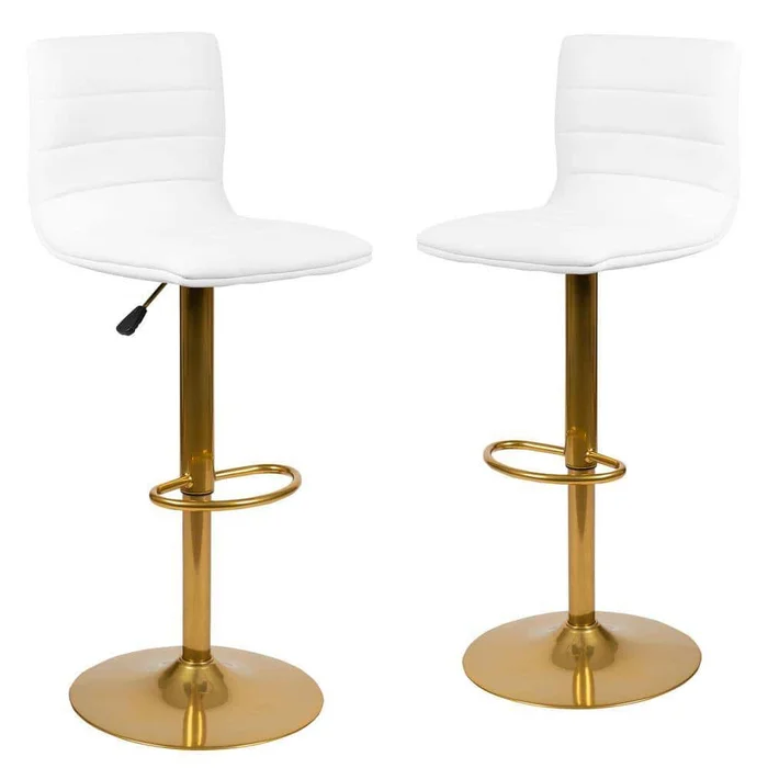 Flash Furniture Modern White Vinyl Adjustable Mid back Metal Bar Stool, Counter Height Swivel Stool with Gold Pedestal Base, Set of 2